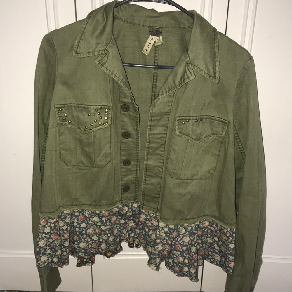 Free People Olive Green Jean Jacket with Floral Hem